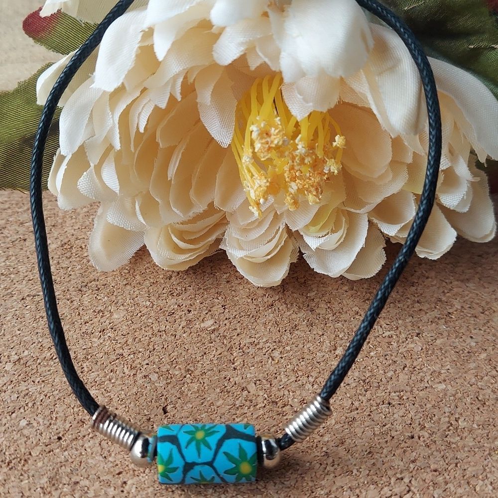 B475 Blue Colorful Clay Beaded Anklet on Waxed Leather Cord